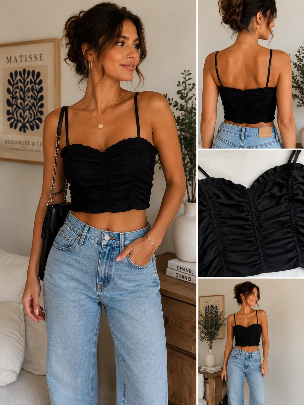Forever 21 Black Ruched Crop Top | Sweetheart Neck | Size Medium